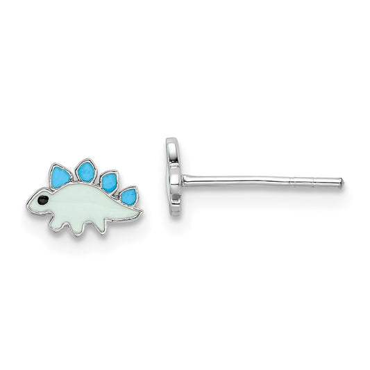 Sterling Silver Rhodium-plated Polished & Blue/Black Enameled Dinosaur Children's Post Earrings