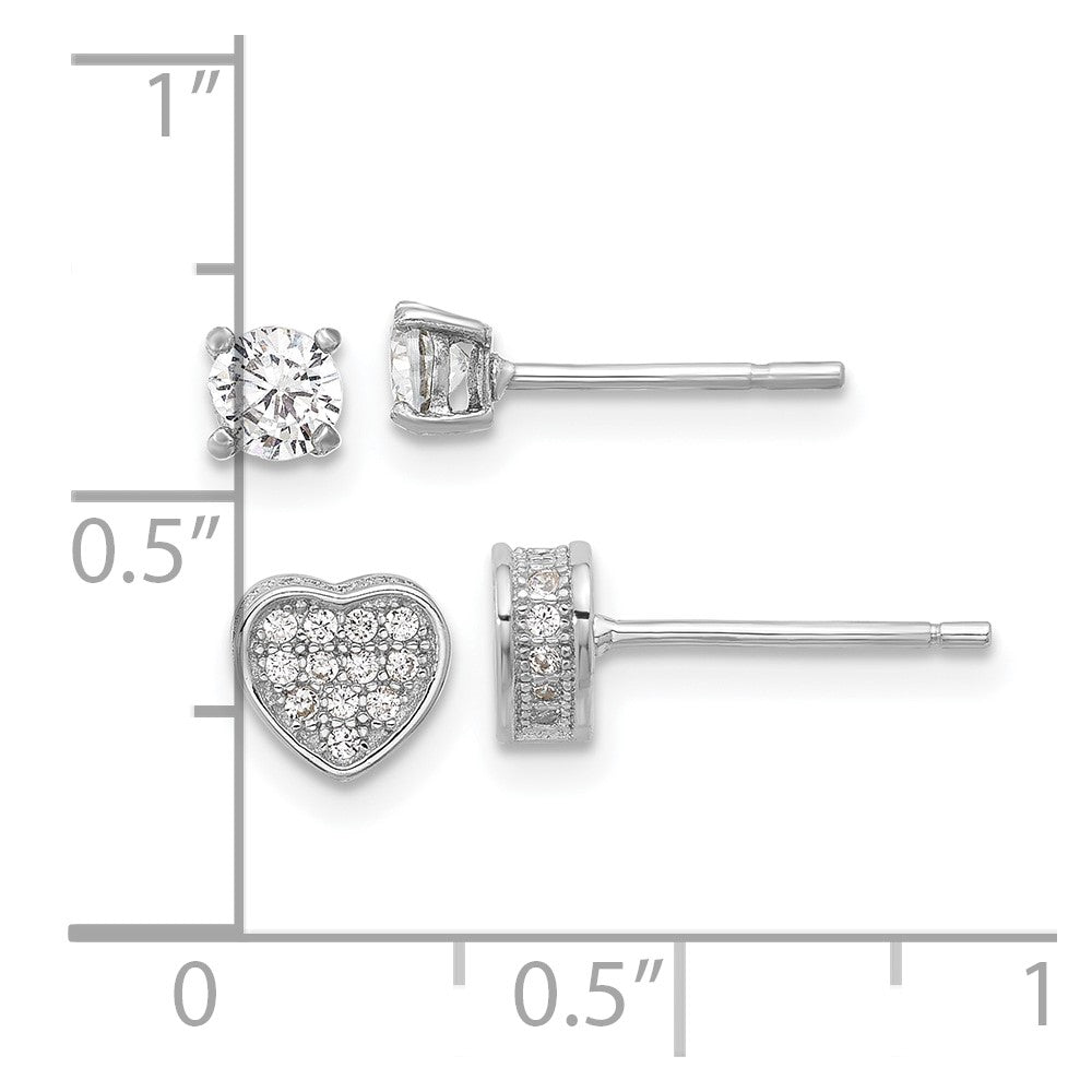 Sterling Silver RH-plated Pav‚ CZ Heart/4mm CZ Stud Post Earrings Set
