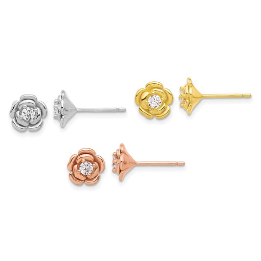 Sterling Silver Rhod-plt/Gold/Rose-tone CZ Rose 3 Pair Earrings Set