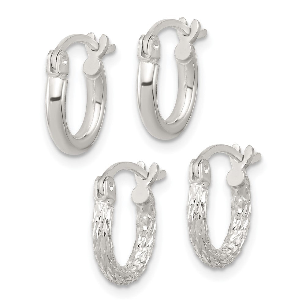 Sterling Silver Rhodium-plated Polished/Textured D/C 2 Pr. Hoop Earring Set