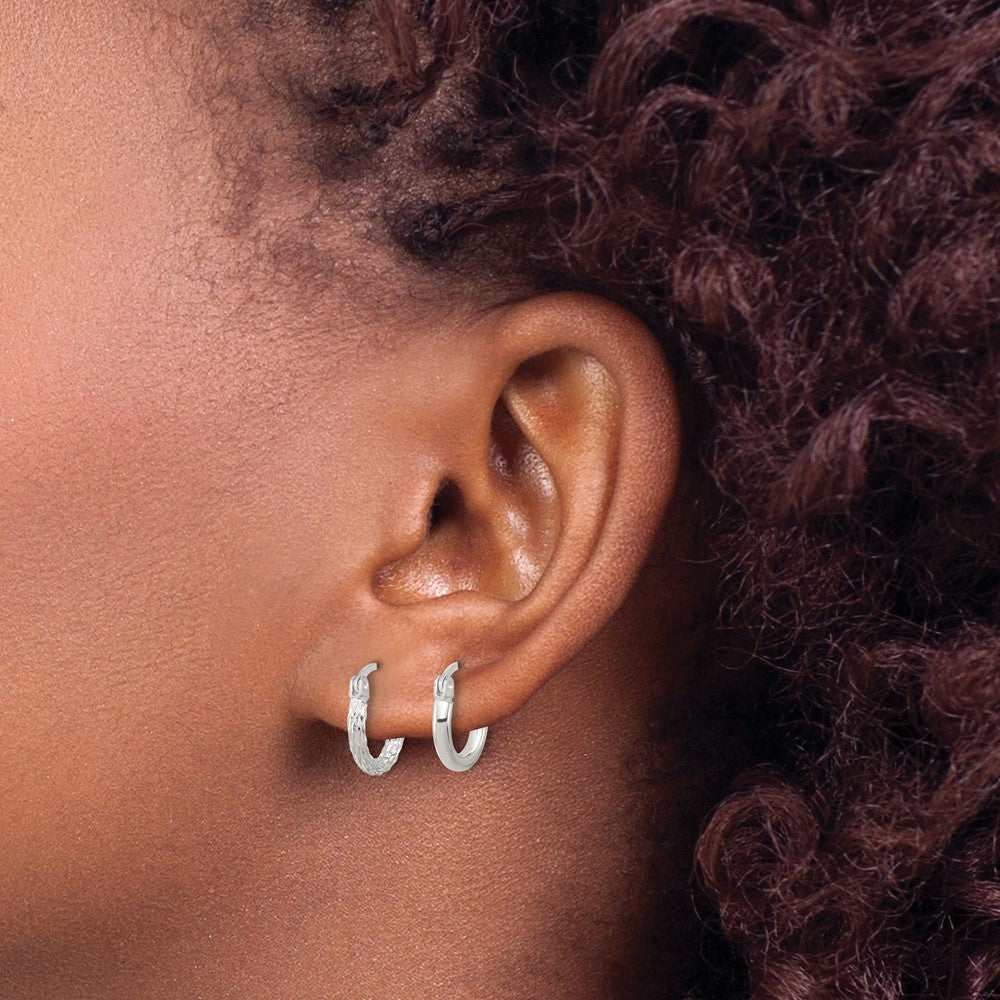 Sterling Silver Rhodium-plated Polished/Textured D/C 2 Pr. Hoop Earring Set