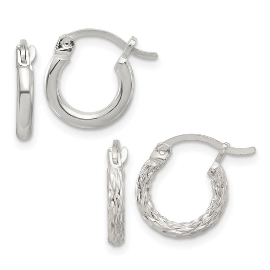 Sterling Silver Rhodium-plated Polished/Textured D/C 2 Pr. Hoop Earring Set