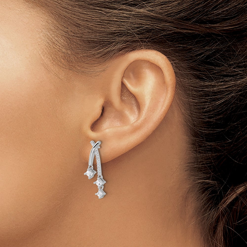 Sterling Silver Rhodium-plated Fancy CZ Dangle Post Earrings