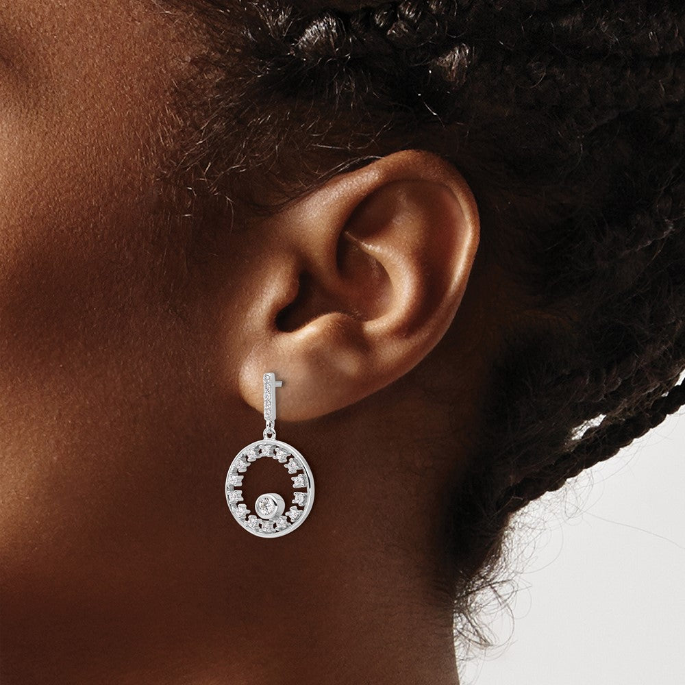 Sterling Silver Rhodium-plated Fancy Circle CZ Dangle Post Earrings