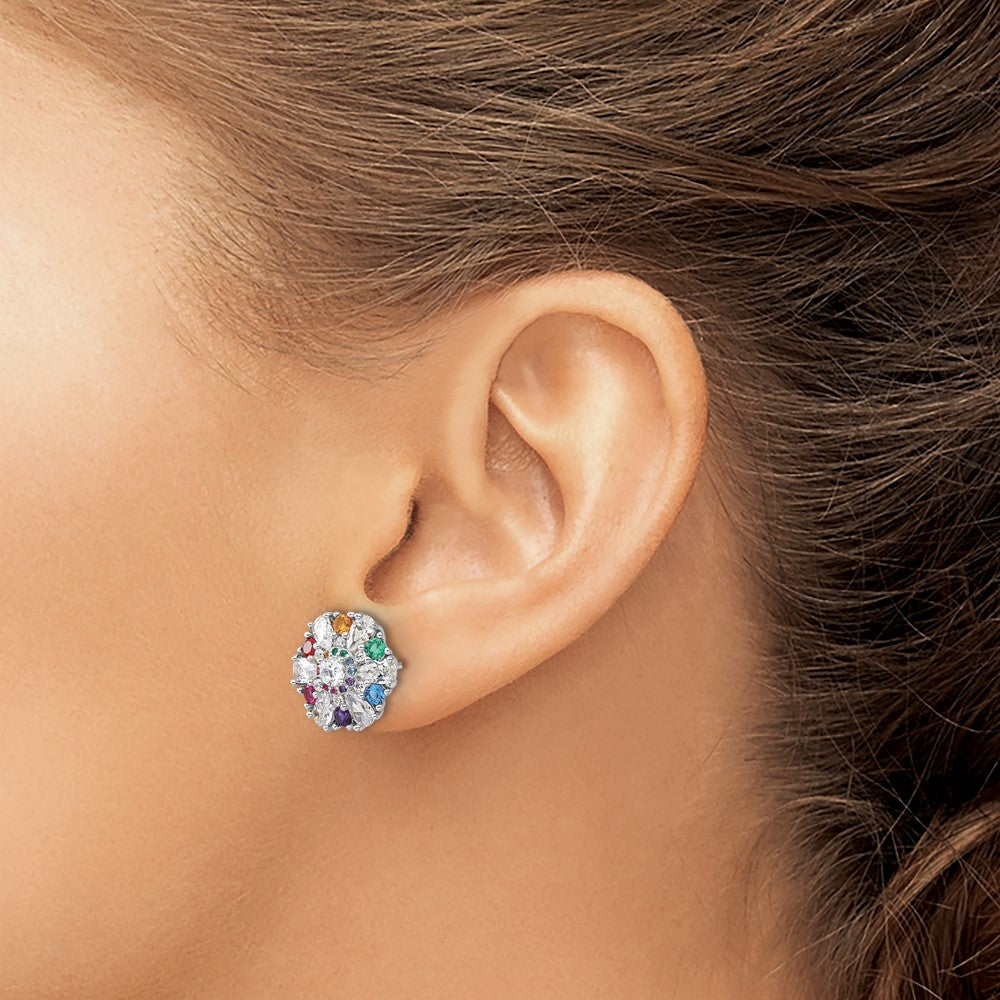 Sterling Silver Rh-pltd Rainbow Nano Crystal and Clear CZ Post Earrings