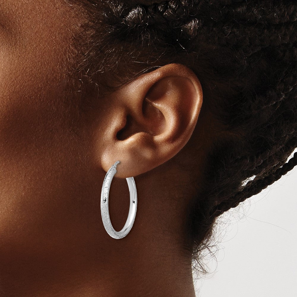 Sterling Silver Rhodium-plated Diamond-cut 3.00mm Hoop Earrings