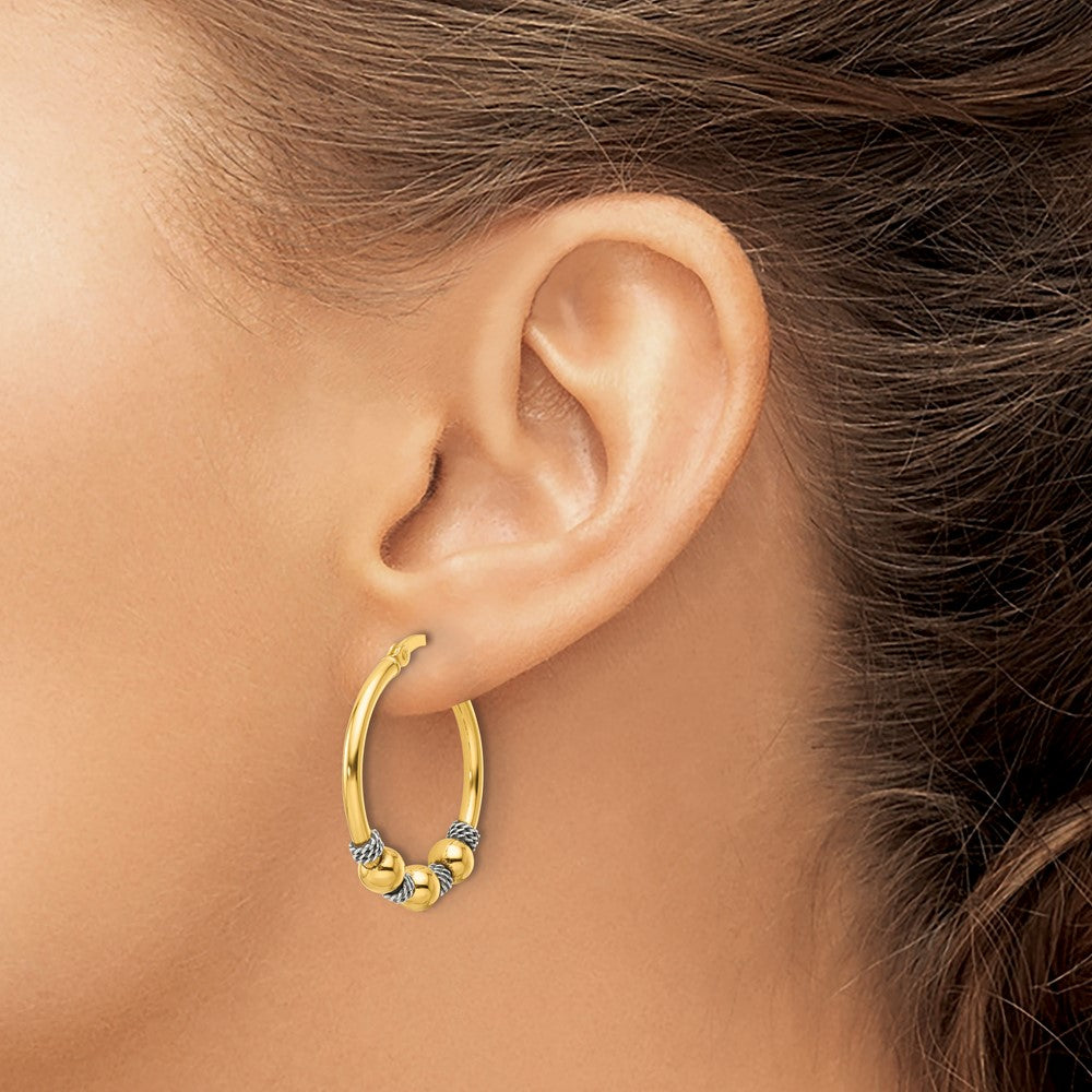 Sterling Silver Gold-tone Polished Antiqued Beaded Hoop Earrings