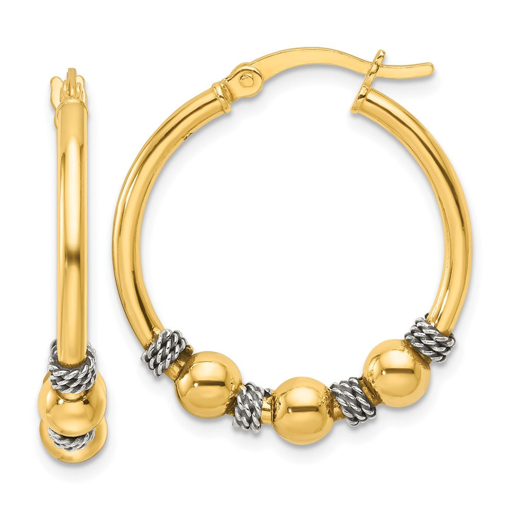 Sterling Silver Gold-tone Polished Antiqued Beaded Hoop Earrings