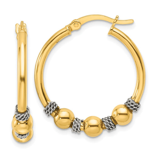 Sterling Silver Gold-tone Polished Antiqued Beaded Hoop Earrings