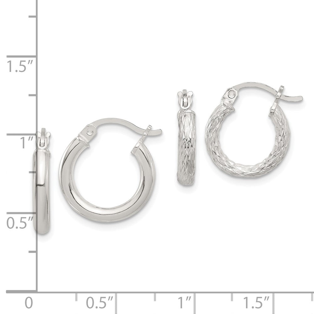 Sterling Silver Polished Diamond-cut 2 Pair Set Hoop Earrings