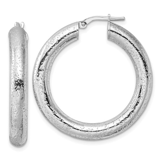 Sterling Silver Rhodium-plated Laser-cut 5mm Round Hoop Earrings