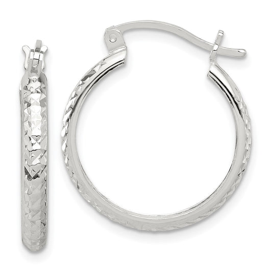 Sterling Silver Polished Diamond-Cut 3mm Round Hoop Earrings