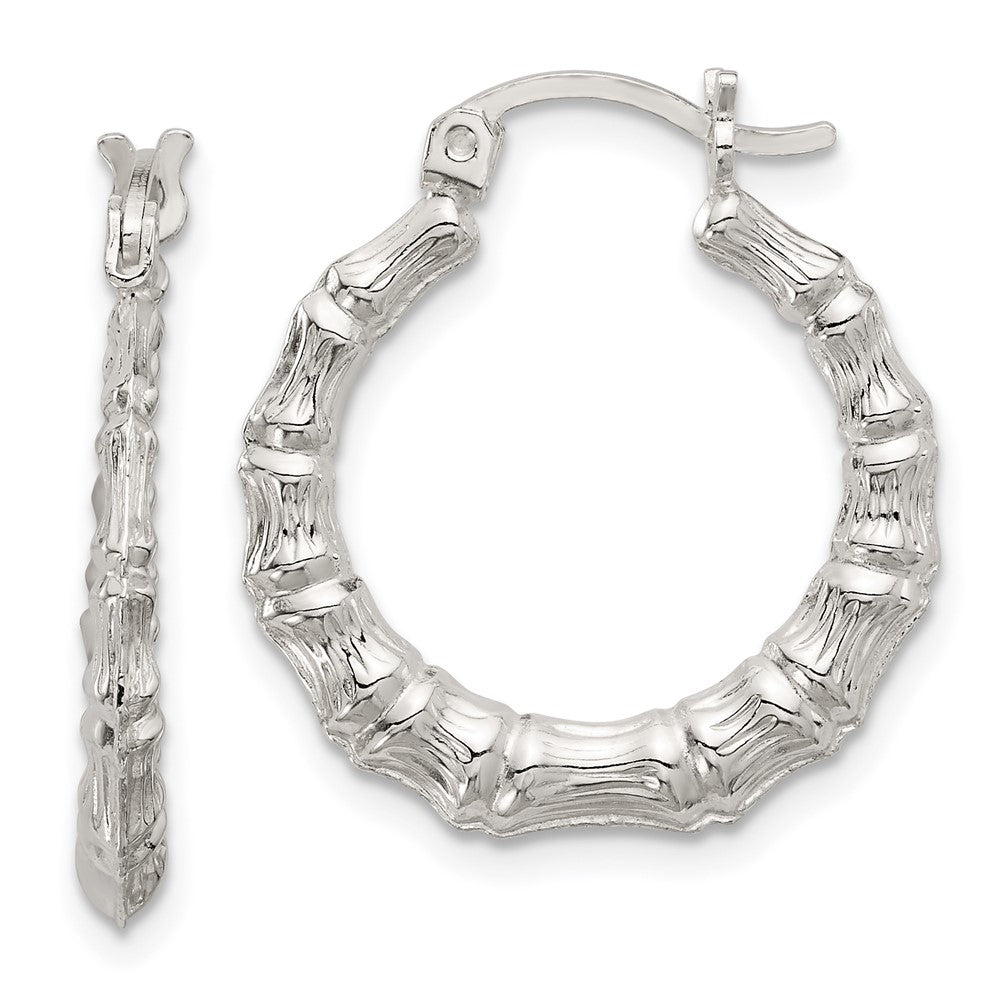Sterling Silver Polished Bamboo Textured Round Hoop Earrings