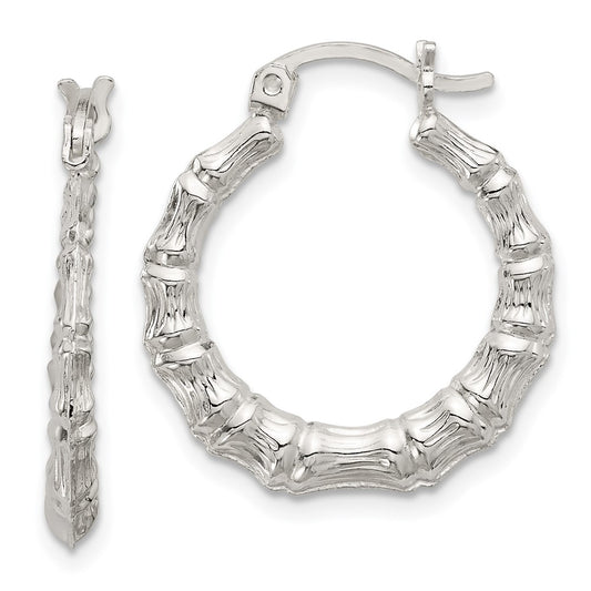 Sterling Silver Polished Bamboo Textured Round Hoop Earrings