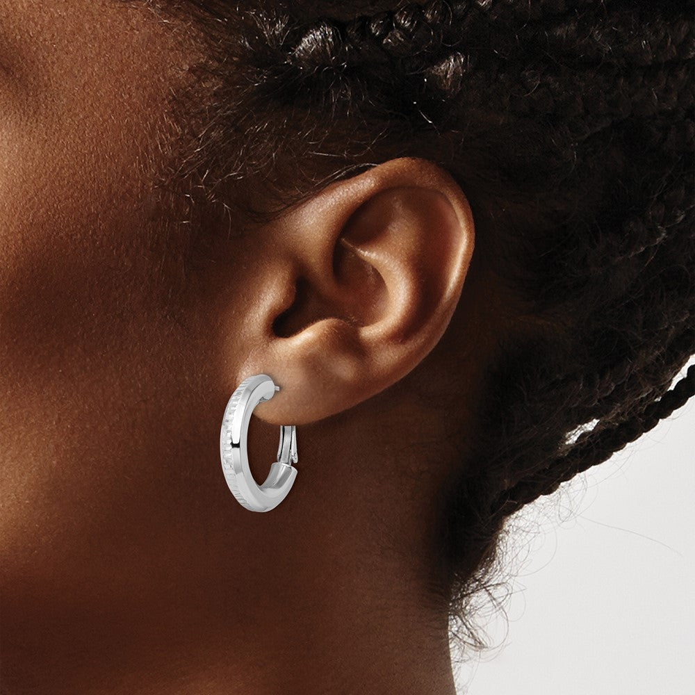 Sterling Silver RH-pltd D/C 4.75mm Omega Back Round Hoop Earrings