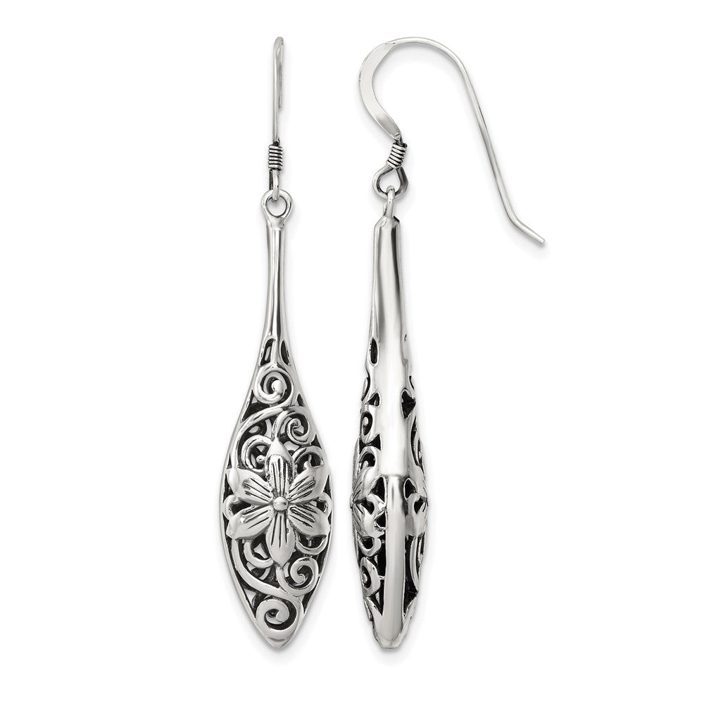 Sterling Silver Polished Antiqued Floral Teardrop Shepherd Hook Earrings