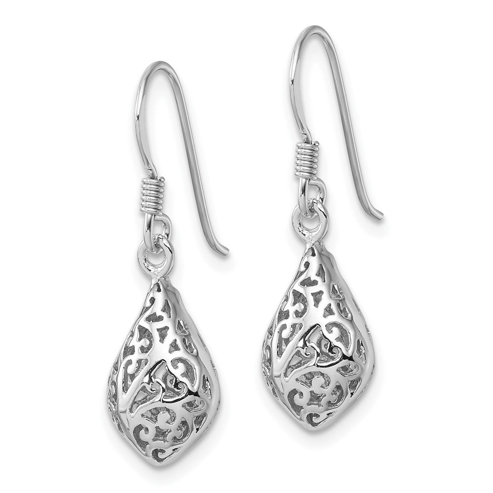 Sterling Silver Rhod-plated Polished Puffed Teardrop Filigree Earrings