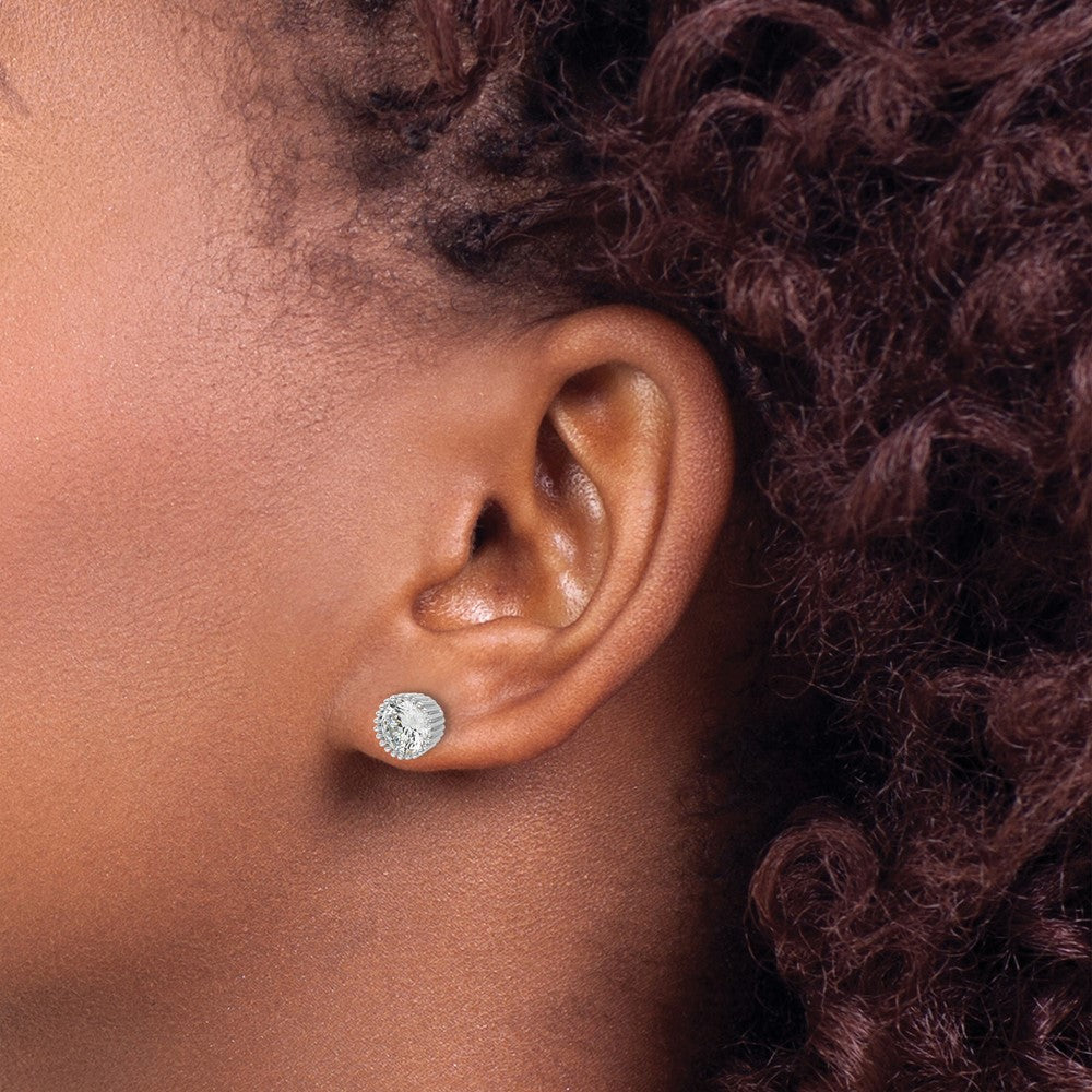 Sterling Silver Rhod-plated 6mm CZ Grooved Bezel Post Stud Earrings