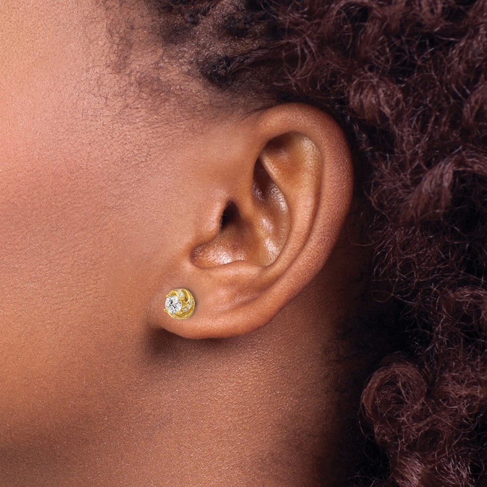 Sterling Silver Gold-tone Polished Swirl CZ Circle Post Earrings