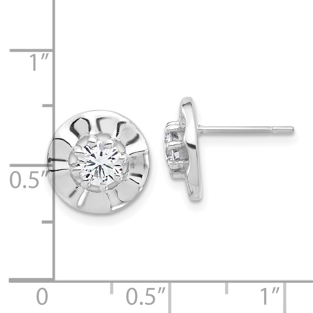 Sterling Silver Rhodium-plated Polished & Rippled Halo CZ Post Earrings