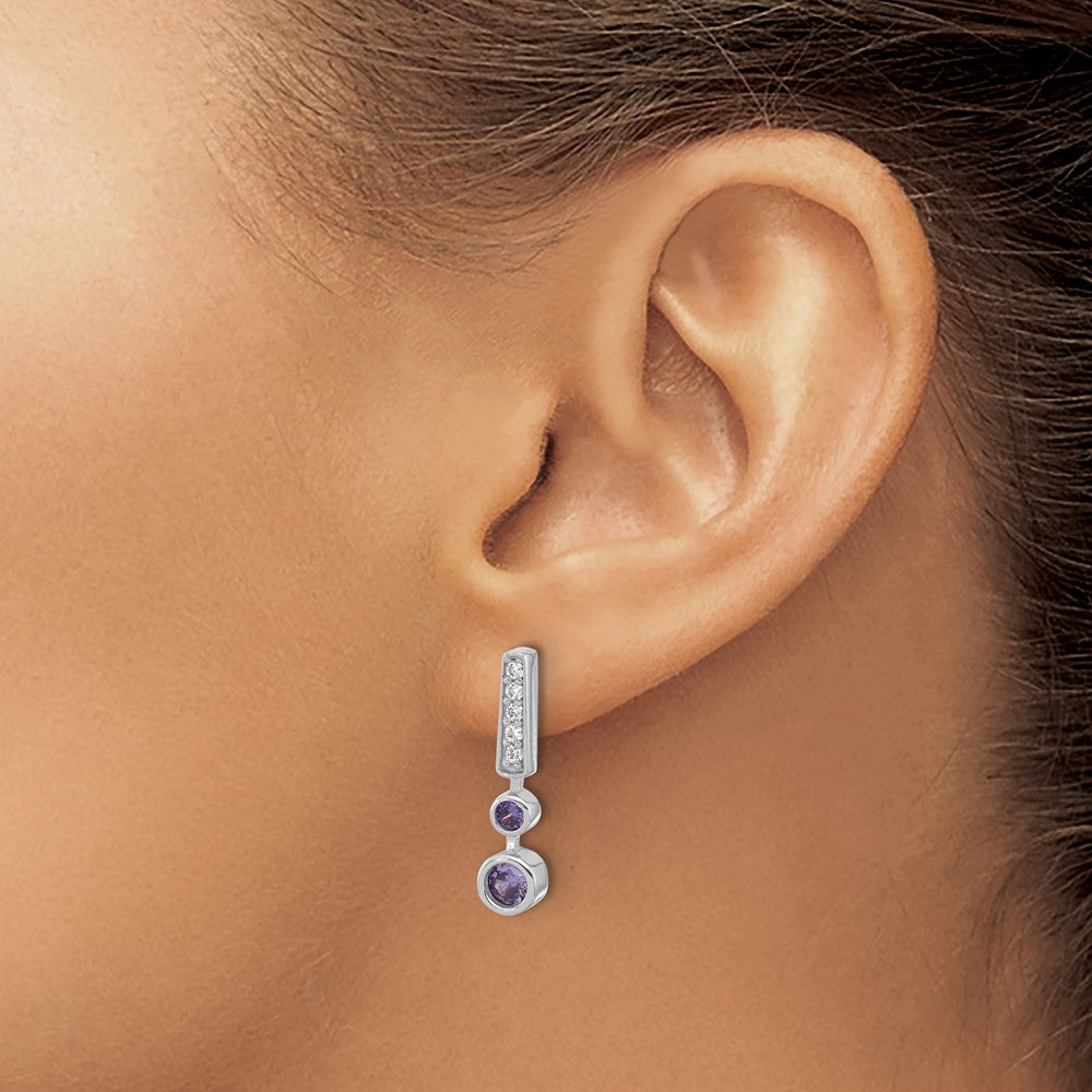 Sterling Silver RH-plated Purple & Clear CZ Post Dangle Earrings