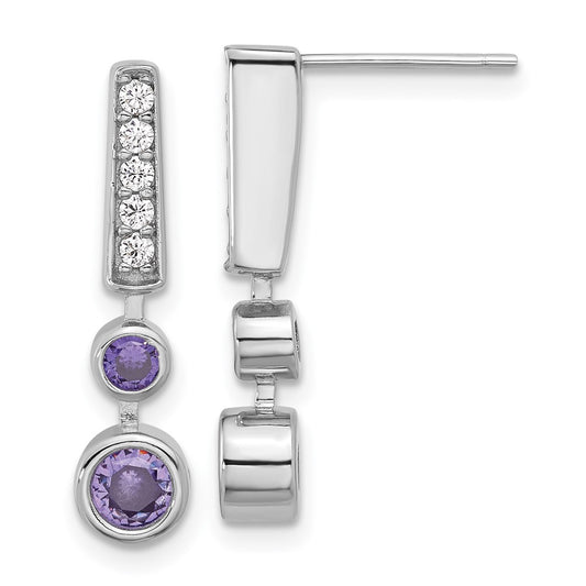 Sterling Silver RH-plated Purple & Clear CZ Post Dangle Earrings