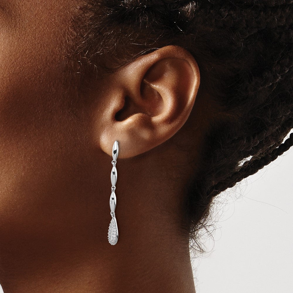 Sterling Silver Rhod-plated Polished CZ Teardrop Post Dangle Earrings