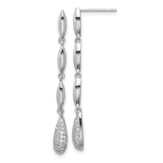 Sterling Silver Rhod-plated Polished CZ Teardrop Post Dangle Earrings
