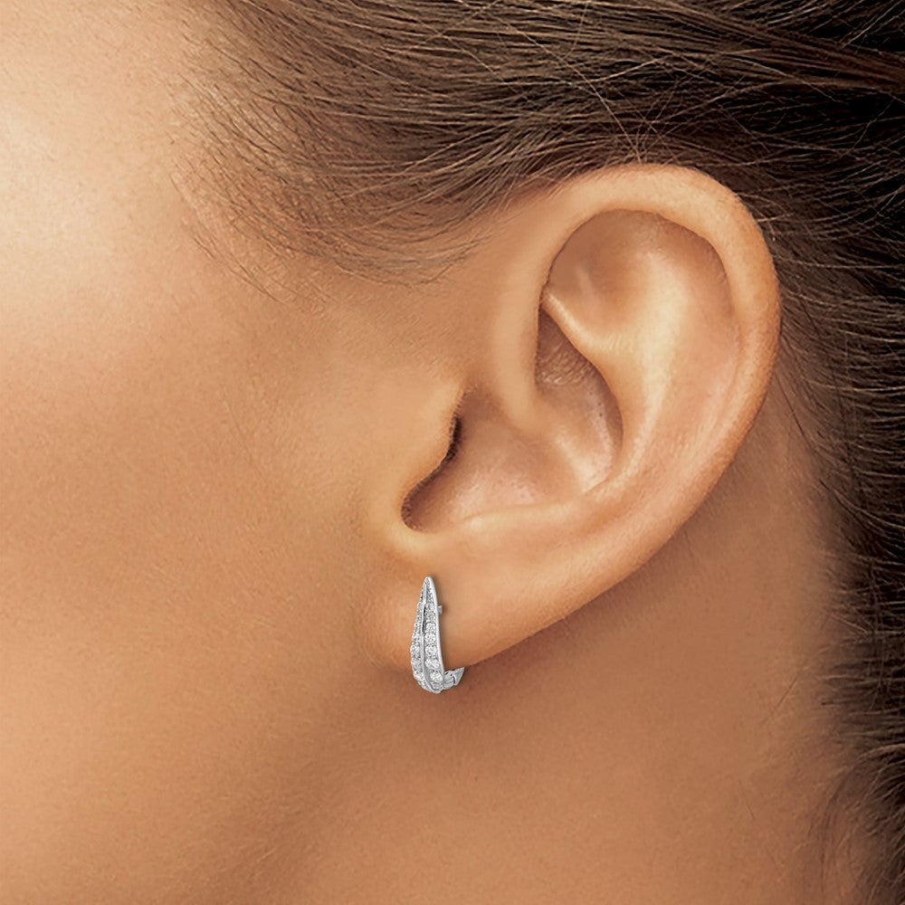 Sterling Silver Rhodium-plated CZ Leaf Hinged Hoop Earrings
