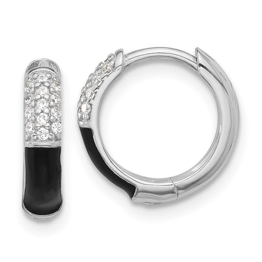 Sterling Silver Flash Platinum-plated CZ Black Enamel Hoop Earrings