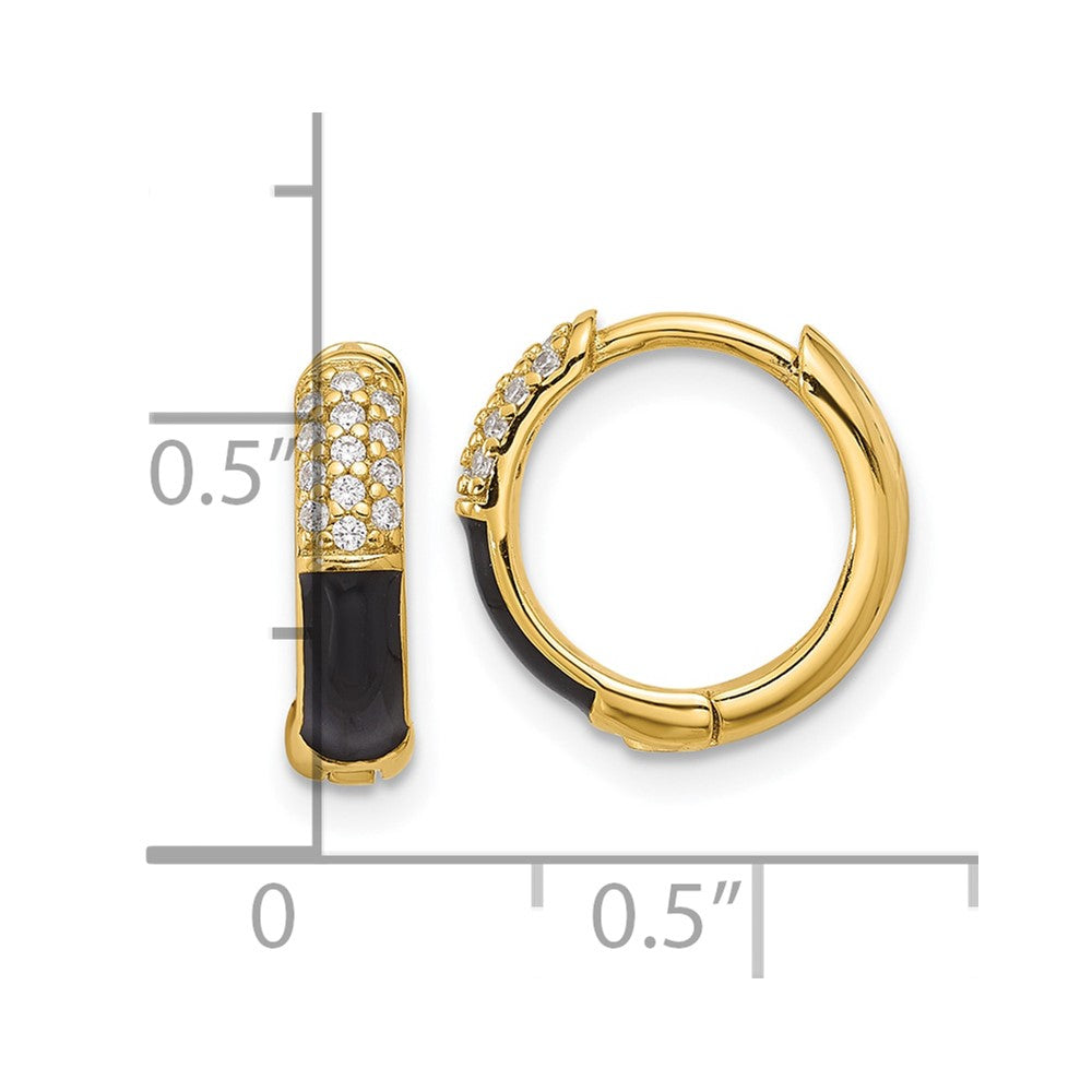 Sterling Silver Gold-tone Black Enamel CZ Hoop Earrings