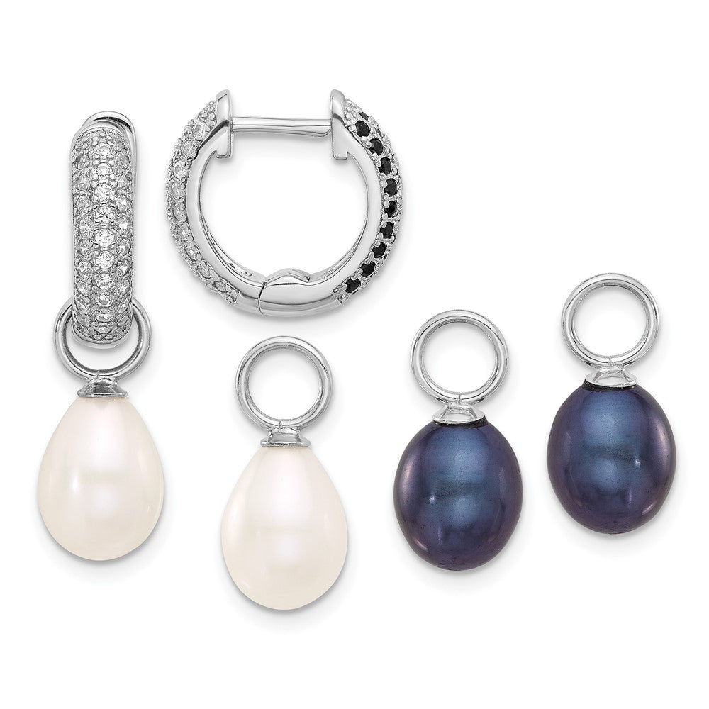 Sterling Silver Rhodium-plated 7-8mm Black and White Rice Freshwater Cultured Pearl and CZ Interchangeable Post Earrings Set