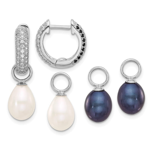 Sterling Silver Rhodium-plated 7-8mm Black and White Rice Freshwater Cultured Pearl and CZ Interchangeable Post Earrings Set