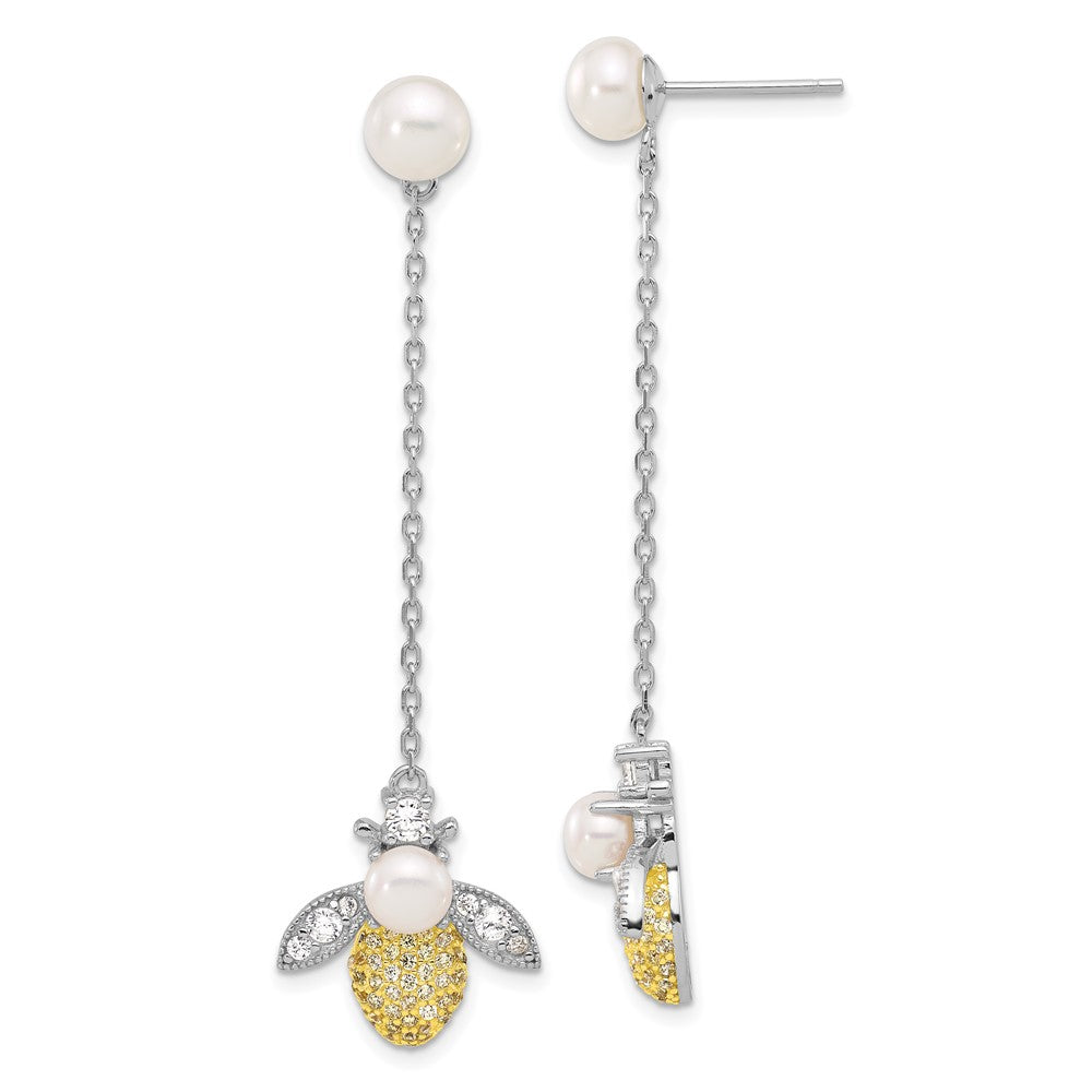 Sterling Silver RH/Flash Gold-plated FWC Pearl/CZ Bee Dangle Earrings