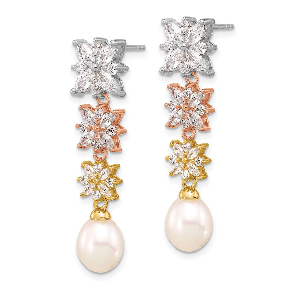 Sterling Silver RH/Rose & Gold-plated FWC Pearl/CZ Post Dangle Earrings