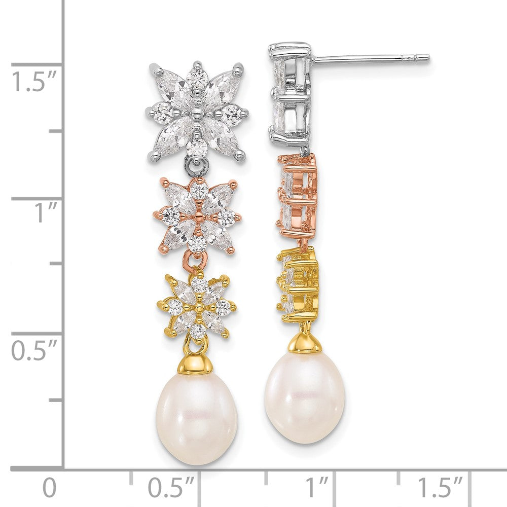 Sterling Silver RH/Rose & Gold-plated FWC Pearl/CZ Post Dangle Earrings