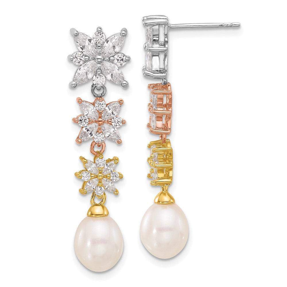 Sterling Silver RH/Rose & Gold-plated FWC Pearl/CZ Post Dangle Earrings