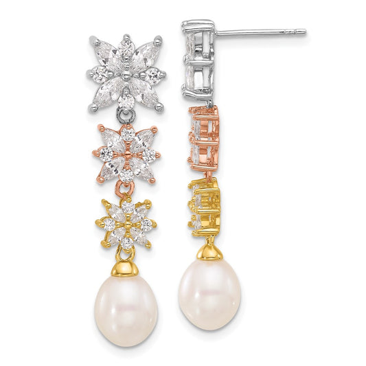 Sterling Silver RH/Rose & Gold-plated FWC Pearl/CZ Post Dangle Earrings