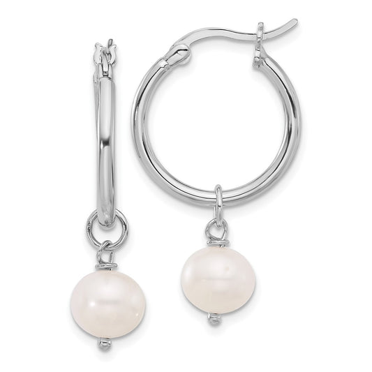 Sterling Silver Rhodium-plated 8-9mm White Near-Round Freshwater Cultured Pearl Dangle Hoop Earrings