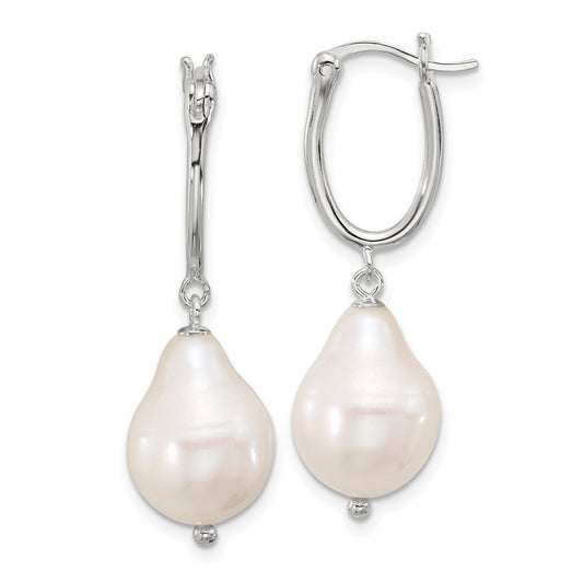 Sterling Silver Polished Teardrop FWC Pearl Dangle Oval Hoop Earrings