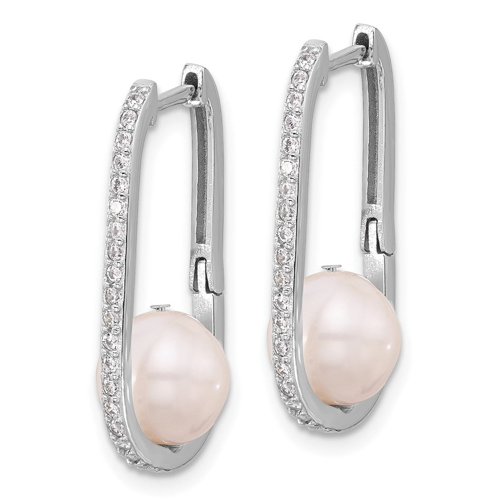 Sterling Silver RH-plated 8-8.5mm FWC Pearl and CZ Oval Hoop Earrings