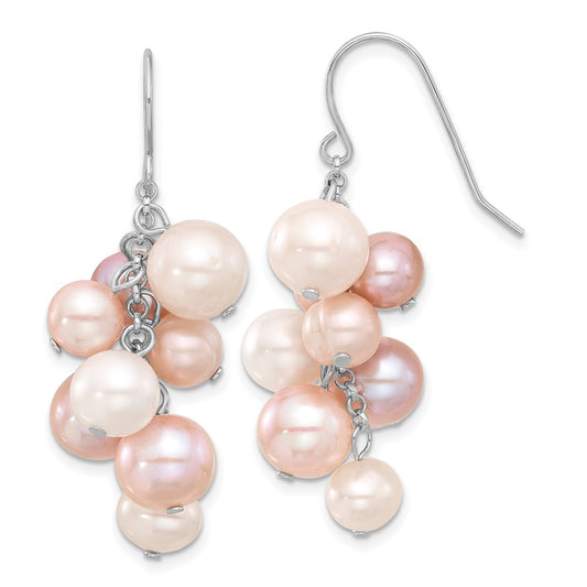 Sterling Silver Rhodium-plated 6-10mm Multicolor Near-Round Freshwater Cultured Pearl Dangle Earrings