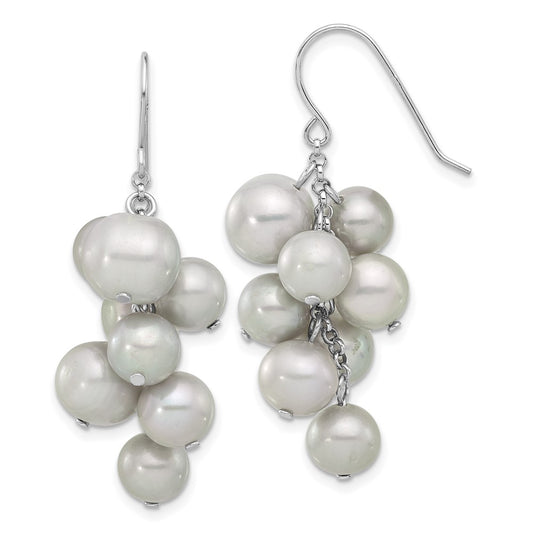 Sterling Silver Rhodium-plated 6-10mm Grey Near-Round Freshwater Cultured Pearl Dangle Earrings