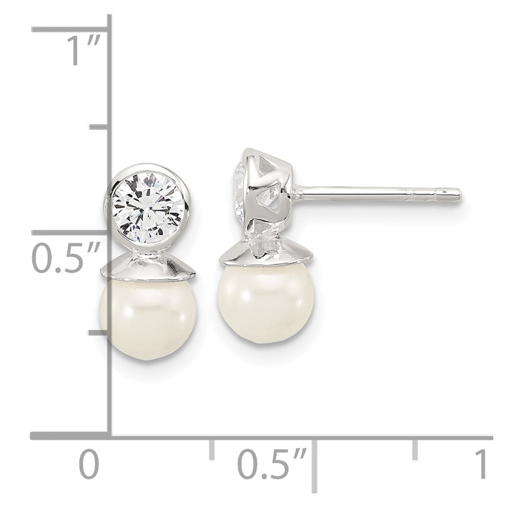 Sterling Silver Polished CZ and 6-6.5mm Glass Pearl Post Earrings