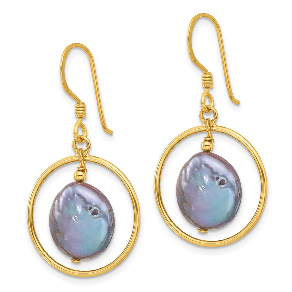 Sterling Silver Polished Grey FWC Coin Pearl Circle Dangle Earrings