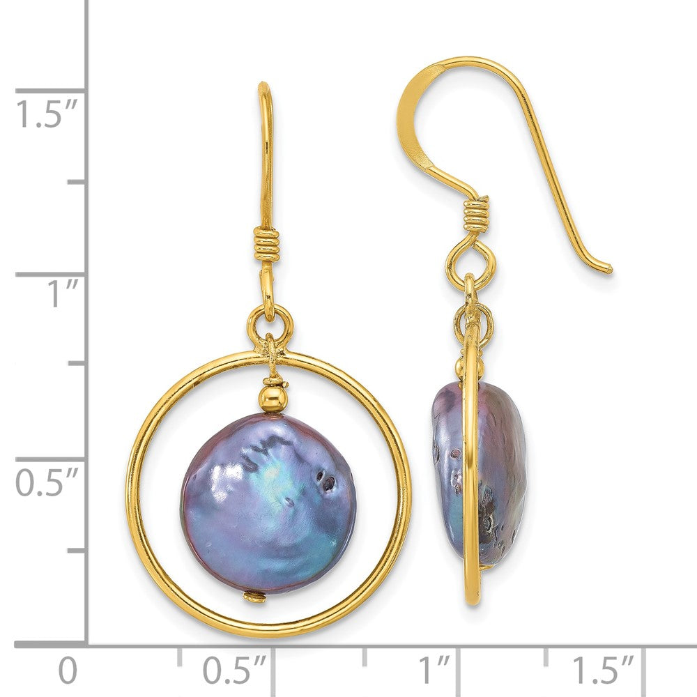 Sterling Silver Polished Grey FWC Coin Pearl Circle Dangle Earrings