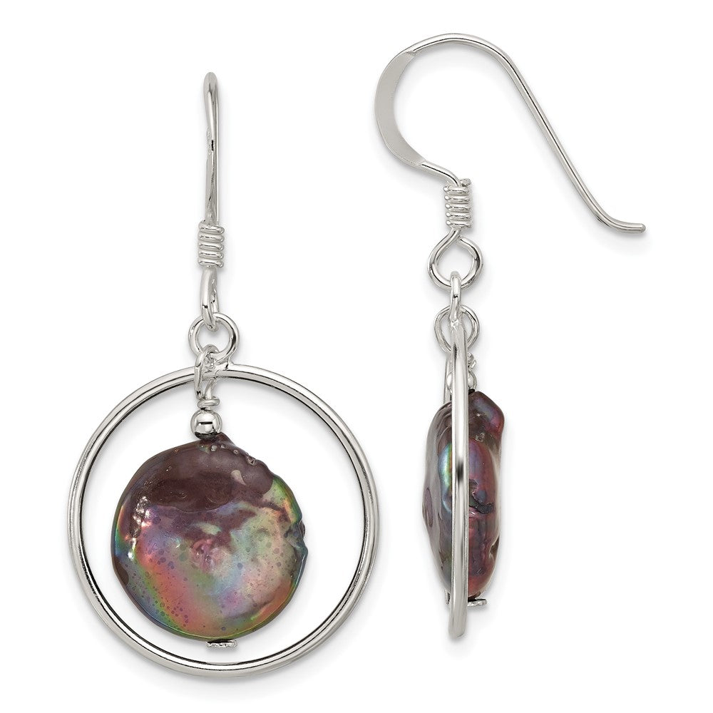 Sterling Silver Polished Grey FWC Coin Pearl Circle Dangle Earrings