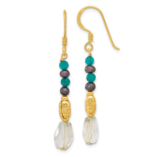 Sterling Silver Gold-plated Polished & Textured Black Freshwater Cultured Pearl & Blue Quartz Beaded Dangle Earrings