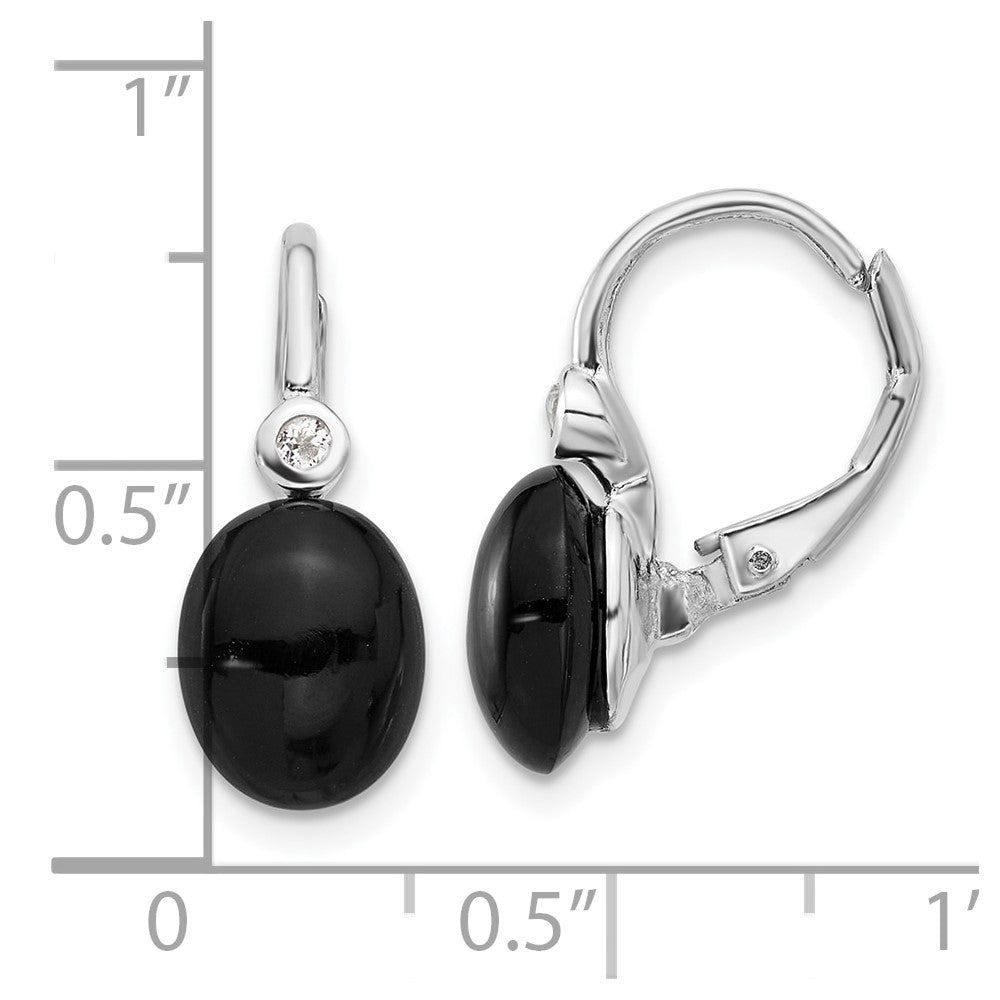 Sterling Silver RH-plated Polished Onyx & White Topaz Leverback Earrings