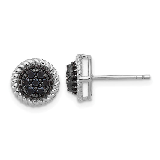 Sterling Silver RH-plated Polished/Twisted Black Spinel Circle Post Earring
